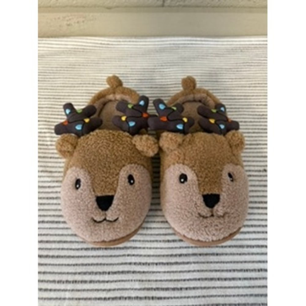 Kids Reindeer Holiday Slippers Brown Sherpa Plush Christmas Light Up Size M 2/3
